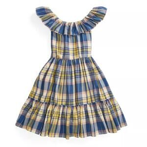 Polo Ralph Lauren Girls Madras Plaid Off the Shoulder Tiered Ruffle Sundress 16